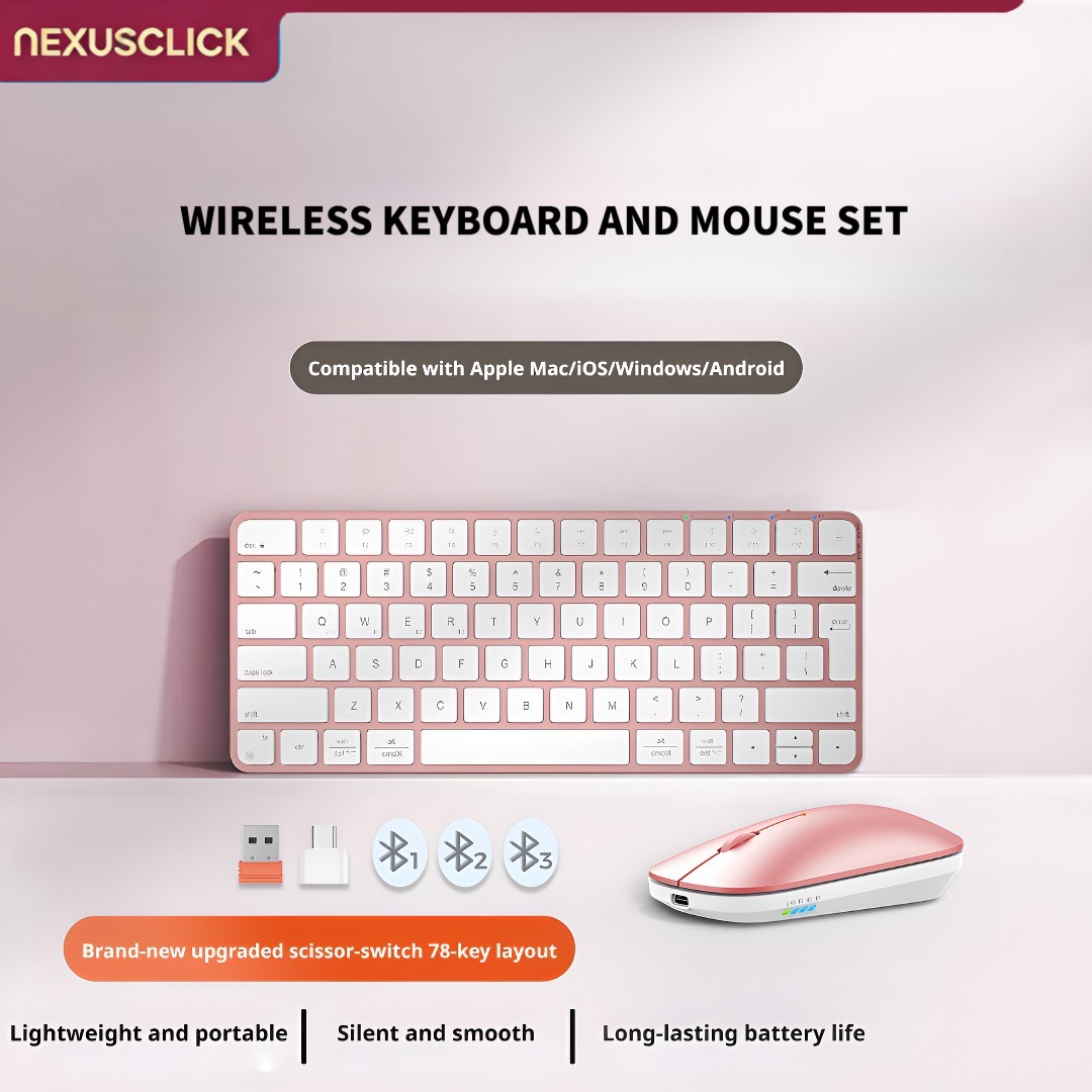 Gaming Accessories Combo - เน็กซัสคลิก คอมโบคีย์บอร์ดไร้สายแบบบางพิเศษ, 4 โหมด, ชาร์จใหม่ได้, โปรไฟล์ต่ำเงียบ,